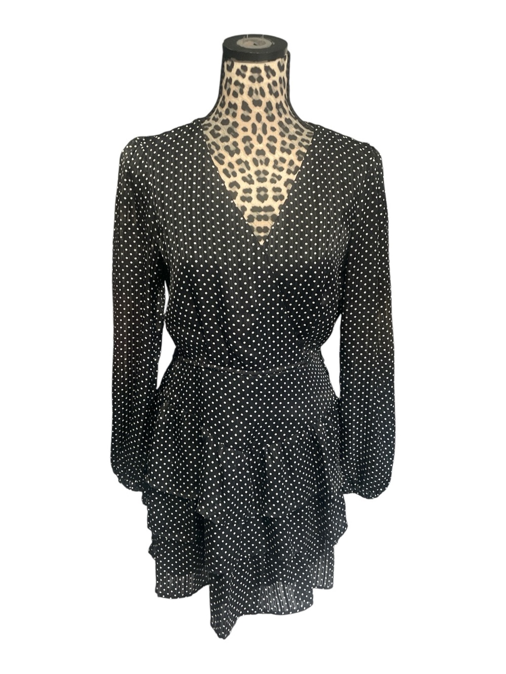 miami Black with White Polka Dot Long Sleeve Wrap Dress